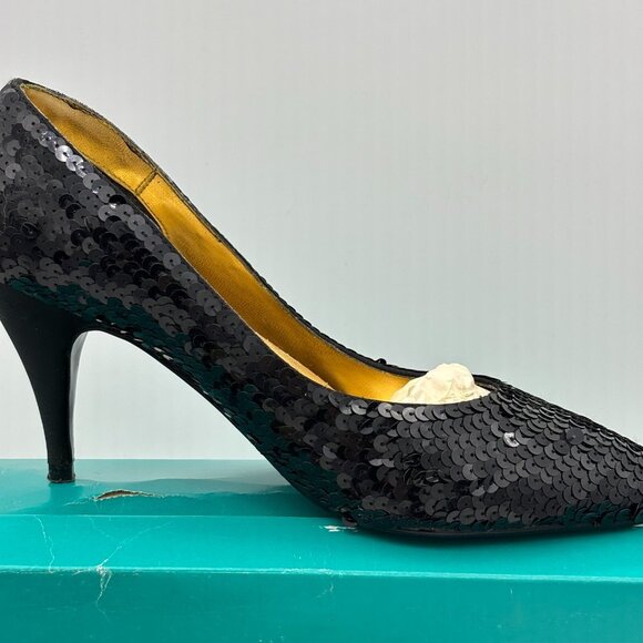 Vintage Black Pumps Sequin HL Steppers Solid Closed Toe Prom Dance Party 1990s 6 - Picture 7 of 9